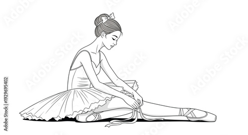 Graceful ballerina sitting on the floor while carefully tying the ribbons of her pointe shoes in a detailed line art sketch.