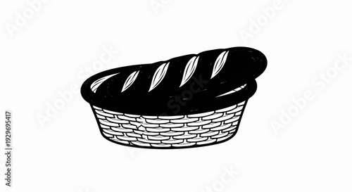 Black and white illustration of a woven basket filled with loaves of bread