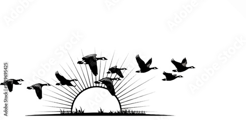 Flock of geese flying in V-formation above a stylized sunrise with grass