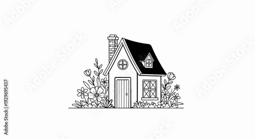Simple black and white illustration of a charming house surrounded by blooming flowers