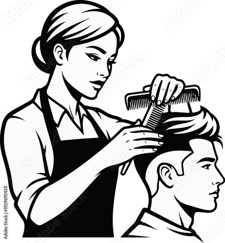 Stylist expertly combs and trims a man's hair in a clean, modern illustration