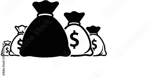 A stylized, hand-drawn illustration depicts multiple money bags with dollar signs