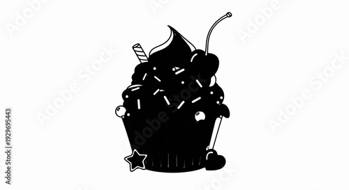Whimsical black and white illustration of a frosted cupcake with sprinkles, a cherry, and wafer stick