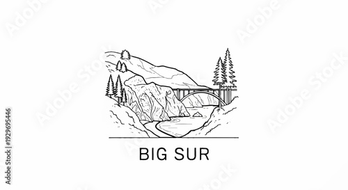 Line drawing depicts a scenic bridge over a river, surrounded by rocky cliffs and trees