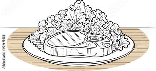 A grilled steak and lettuce on a plate resting on a wooden surface