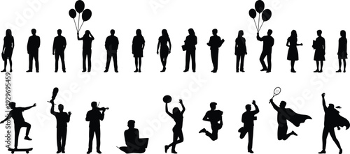 Large collection of black silhouettes featuring diverse people standing with balloons posing and active figures including skateboarders violinists tennis players and superheroes isolated on white