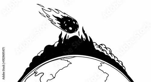 A fiery meteor streaks through the atmosphere towards a cloud-covered planet