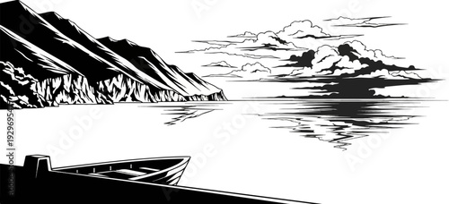 A rowboat rests on a shore with majestic mountains overlooking a calm sea
