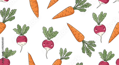Vibrant seamless pattern depicting various healthy vegetables like orange carrots and pink radishes with green leafy tops.