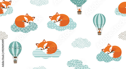 Whimsical seamless pattern with orange foxes sleeping on soft clouds and colorful hot air balloons floating in the sky.