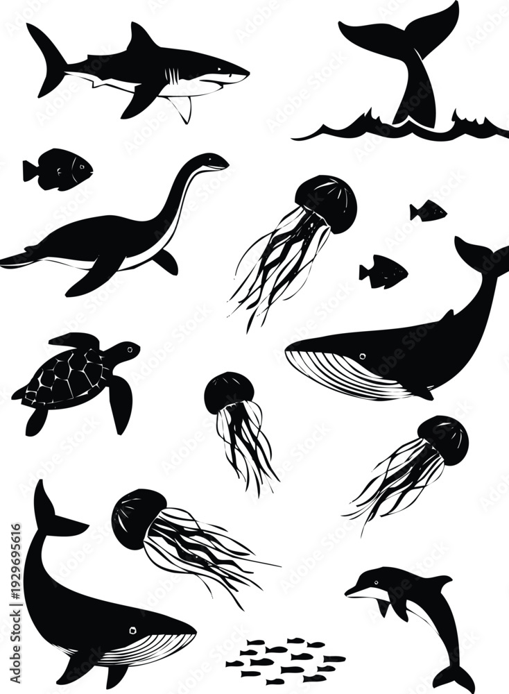 Obraz premium A collection of various marine life illustrations including sharks whales and jellyfish presented as a silhouette high quality professional detailed modern 