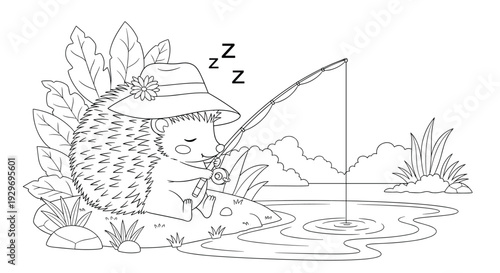 Cute hedgehog wearing a wide-brimmed sun hat while peacefully fishing at a quiet pond on a sunny afternoon coloring page.