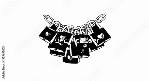 A group of chained padlocks with heart and musical note symbols