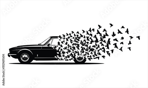 Black car with birds flying out of it isolated on white background in a creative conceptual illustration