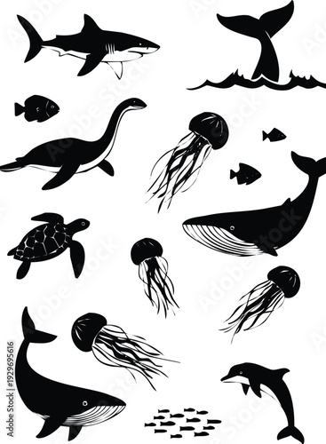 A collection of various marine life illustrations including sharks whales and jellyfish presented as a silhouette high quality professional detailed modern
