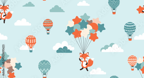 Charming seamless pattern of a little fox flying high in the sky with a bunch of star-shaped balloons and hot air balloons.