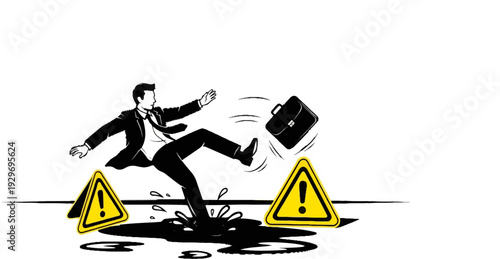 Businessman slips on wet floor, briefcase flies, danger signs shown