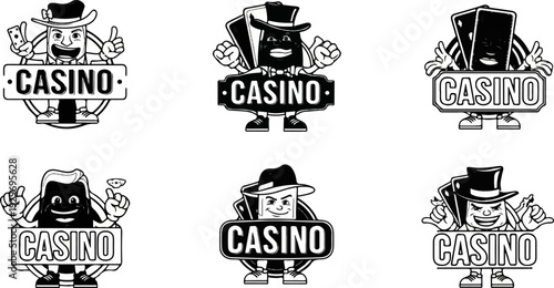 Six cartoon characters representing casino games, each holding a sign
