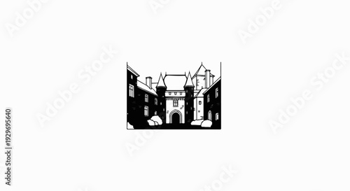 A graphic depiction of an old courtyard with a central arched gateway and flanking buildings