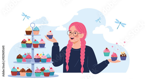 Young woman with pink braids and glasses admiring a tiered display stand overflowing with delicious colorful cupcakes.