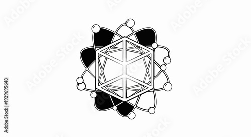 Stylized atom with central geodesic dome structure and orbiting spheres