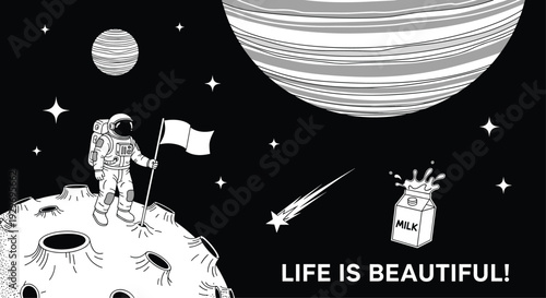 Black and white cosmic scene showing a determined astronaut planting a flag on the moon with a floating milk carton nearby.