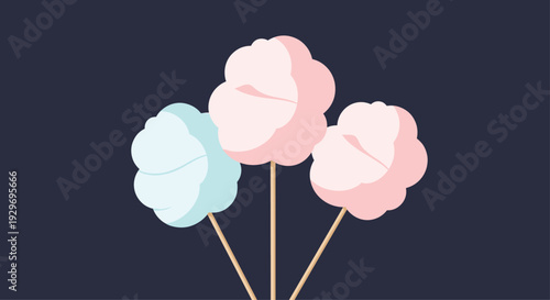 Three fluffy clouds of sweet cotton candy in pink and blue colors on wooden sticks set against a dark blue background.