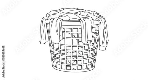 Large plastic laundry basket overflowing with various types of clean clothes and fabric in a simple black and white sketch.