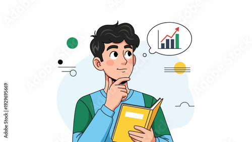 Young man thinking with book and thought bubble about financial growth