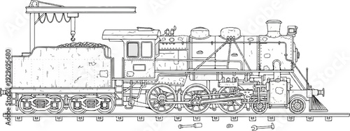 Detailed line drawing of a vintage steam locomotive on tracks with a coal tender and overhead crane