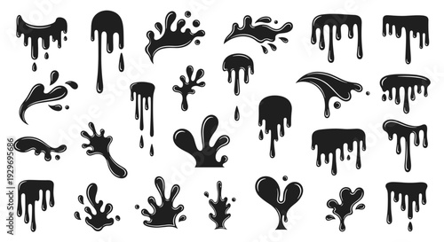 Comprehensive set of black liquid splashes drips and silhouettes for creating paint or ink effects in graphic design projects.