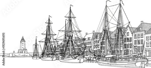Harbor scene featuring a lighthouse and moored sailing ships beside historic buildings