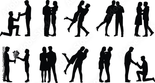 Large collection of black silhouettes featuring diverse romantic couples hugging kissing proposing with flowers and lifting each other isolated on a white background