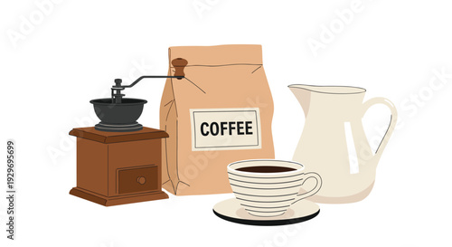 Cozy coffee set featuring a traditional manual grinder a bag of beans a fresh cup of coffee and a white milk pitcher.