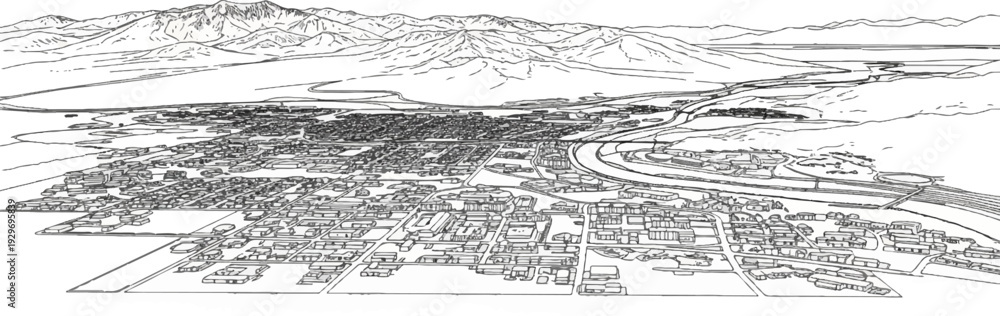 Fototapeta premium Detailed sketch of a sprawling town nestled between mountains and a vast body of water