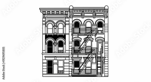 Detailed line drawing of a multi-story urban building facade with arched windows and fire escapes