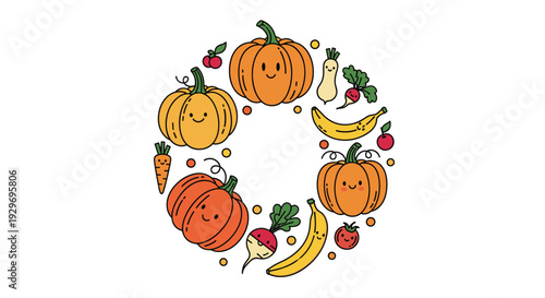 Beautiful circular wreath made of cute animated fruits and vegetables with happy faces for healthy eating promotion.
