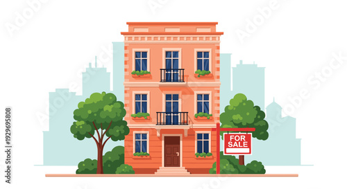Realistic three-story residential building for sale with a red sign in front and green trees on a city background.