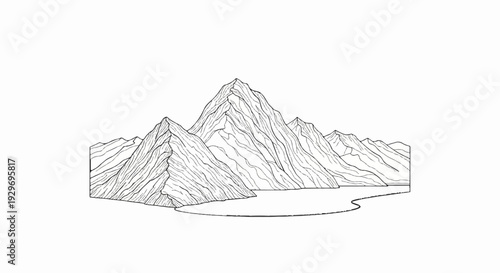 Black and white drawing of a mountain range with a body of water in the foreground