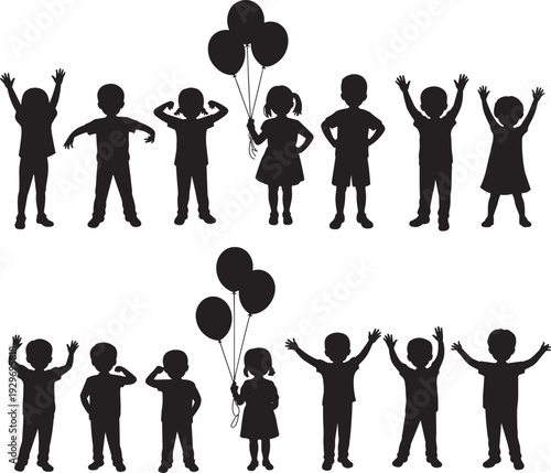 Large collection of black silhouettes featuring happy diverse children and toddlers standing with balloons and raising hands in various poses isolated on white background