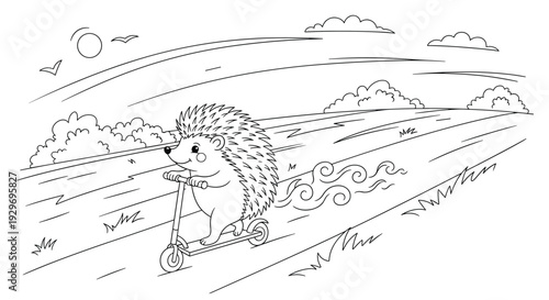 Cheerful hedgehog riding a scooter on a path with the sun in the sky and clouds in a peaceful black and white drawing.