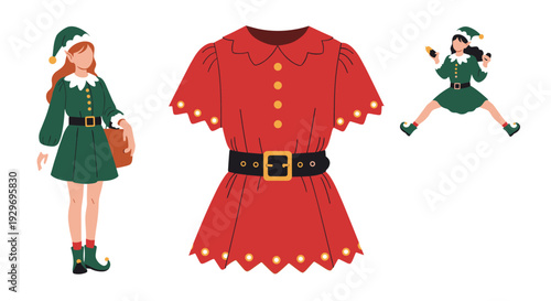 Collection of cute female Christmas elf characters and festive holiday elf dress costume set isolated on white background.