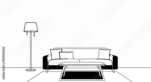 Modern minimalist living room scene with sofa, coffee table, and floor lamp