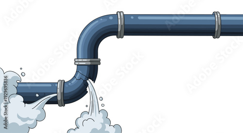 Blue industrial pipe showing multiple cracks and water leaking under high pressure from the joints on white background.