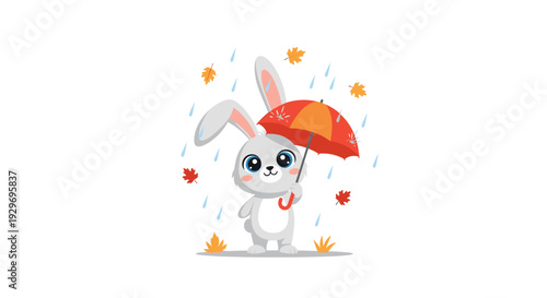 Adorable gray bunny rabbit holding a colorful umbrella while standing in the autumn rain with falling orange leaves.