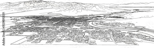 Detailed sketch of a sprawling town nestled between mountains and a vast body of water