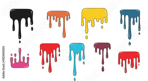 Set of colorful dripping paint liquid splashes in various bright colors and gooey shapes isolated on white background.