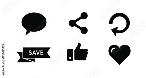Black social media icons including chat share and like silhouette