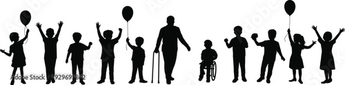 Large collection of black silhouettes featuring happy diverse children with balloons alongside an elderly man using a walker and a child in a wheelchair
