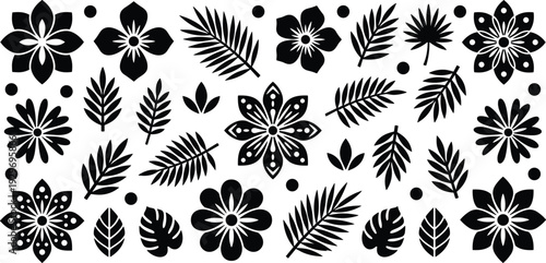 Floral and Tropical Leaf Silhouette Collection with Botanical Flower Elements Vector Illustration Isolated on White Background